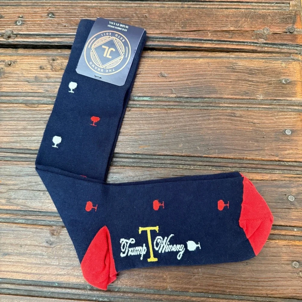 Trump Winery JL The Brand Navy Blue Pima Cotton Dress Socks Wine Glass Pattern
